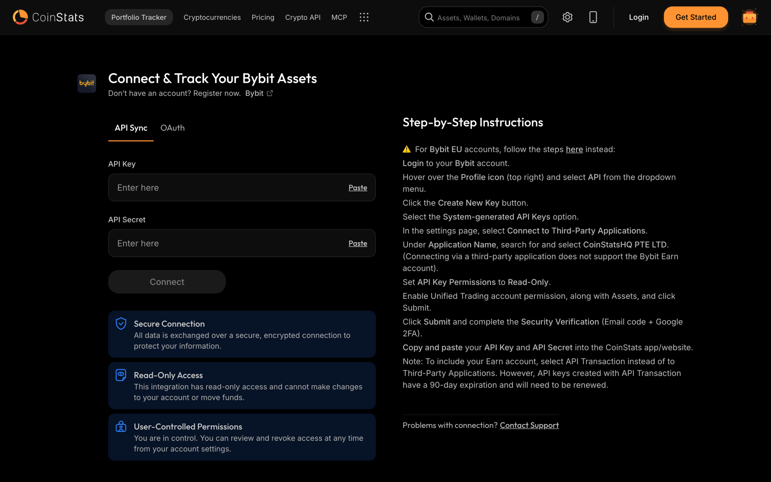 The Connect and Track Your Bybit Assets page on CoinStats, with API Sync and OAuth tabs, API Key and API Secret fields, a Connect button, security notes about read only access, and step by step instructions for creating a Bybit API key