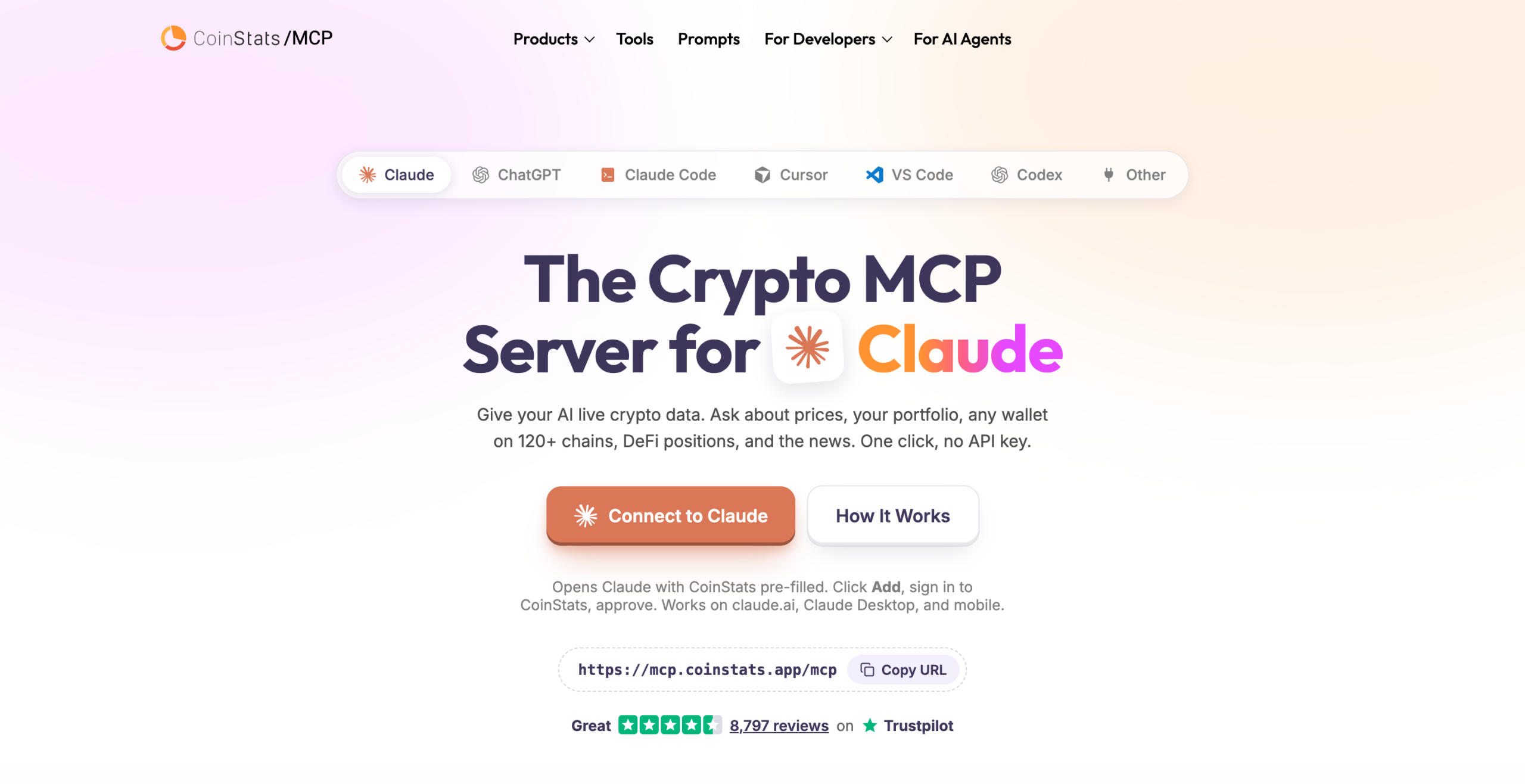 The CoinStats MCP page headed The Crypto MCP Server for Claude, with tabs for Claude, ChatGPT, Claude Code, Cursor, VS Code, Codex and Other, a Connect to Claude button, a How It Works button, and the server address with a Copy URL button