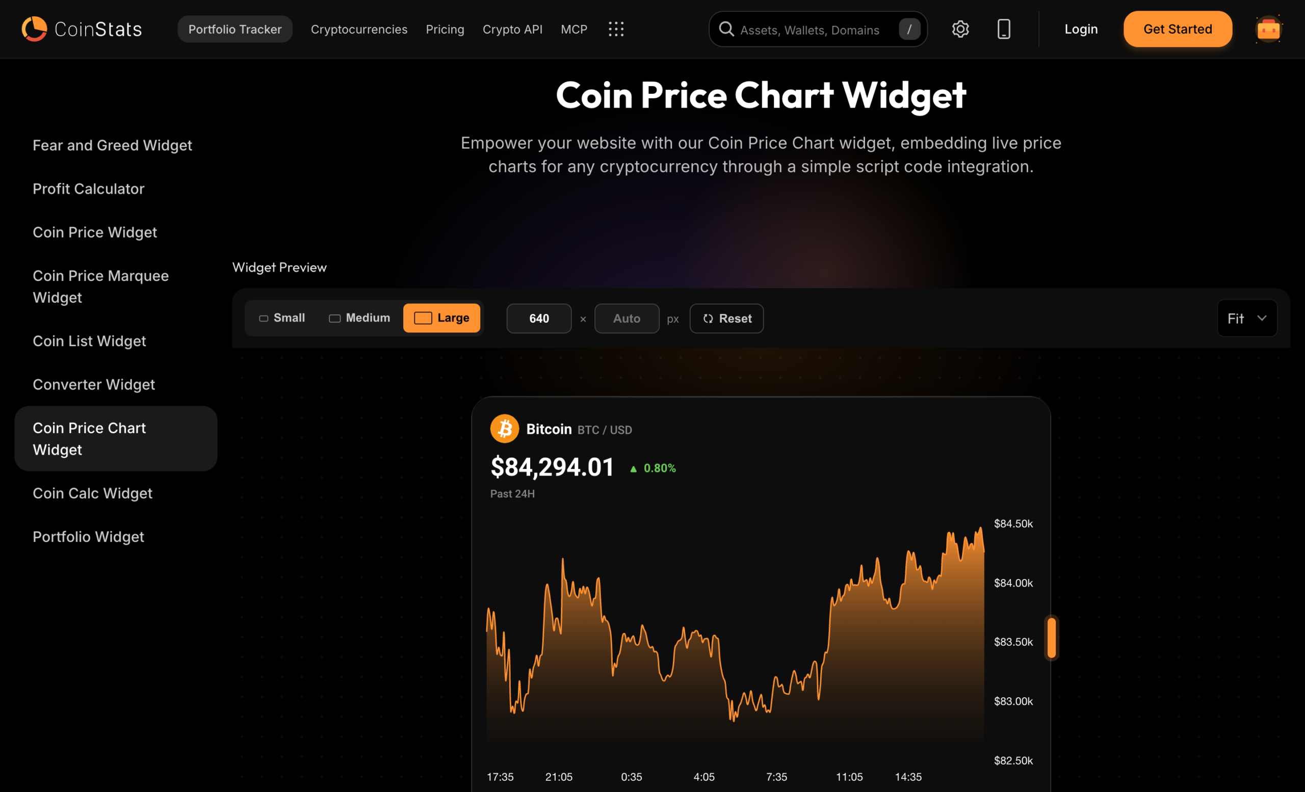 The CoinStats Coin Price Chart widget builder with Small, Medium and Large size options, width and height fields, Reset and Fit controls, and a live Bitcoin price chart preview
