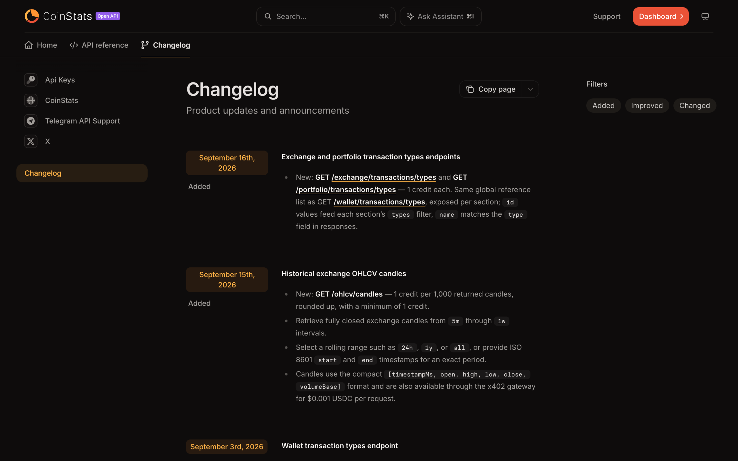The CoinStats API changelog listing new endpoints for exchange and portfolio transaction types and historical exchange OHLCV candles, added in September 2026