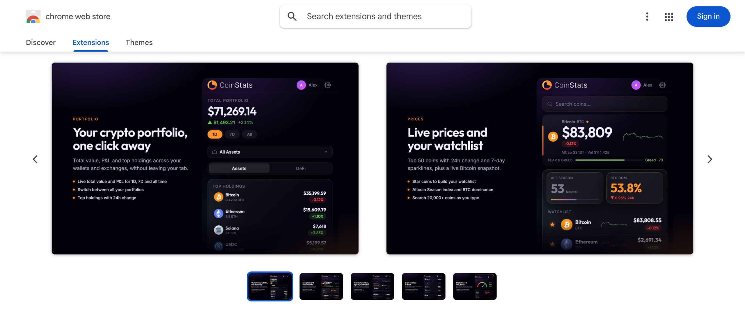 The CoinStats extension listing in the Chrome Web Store with promo images of the portfolio view, including the Assets and DeFi switch, and the live prices watchlist