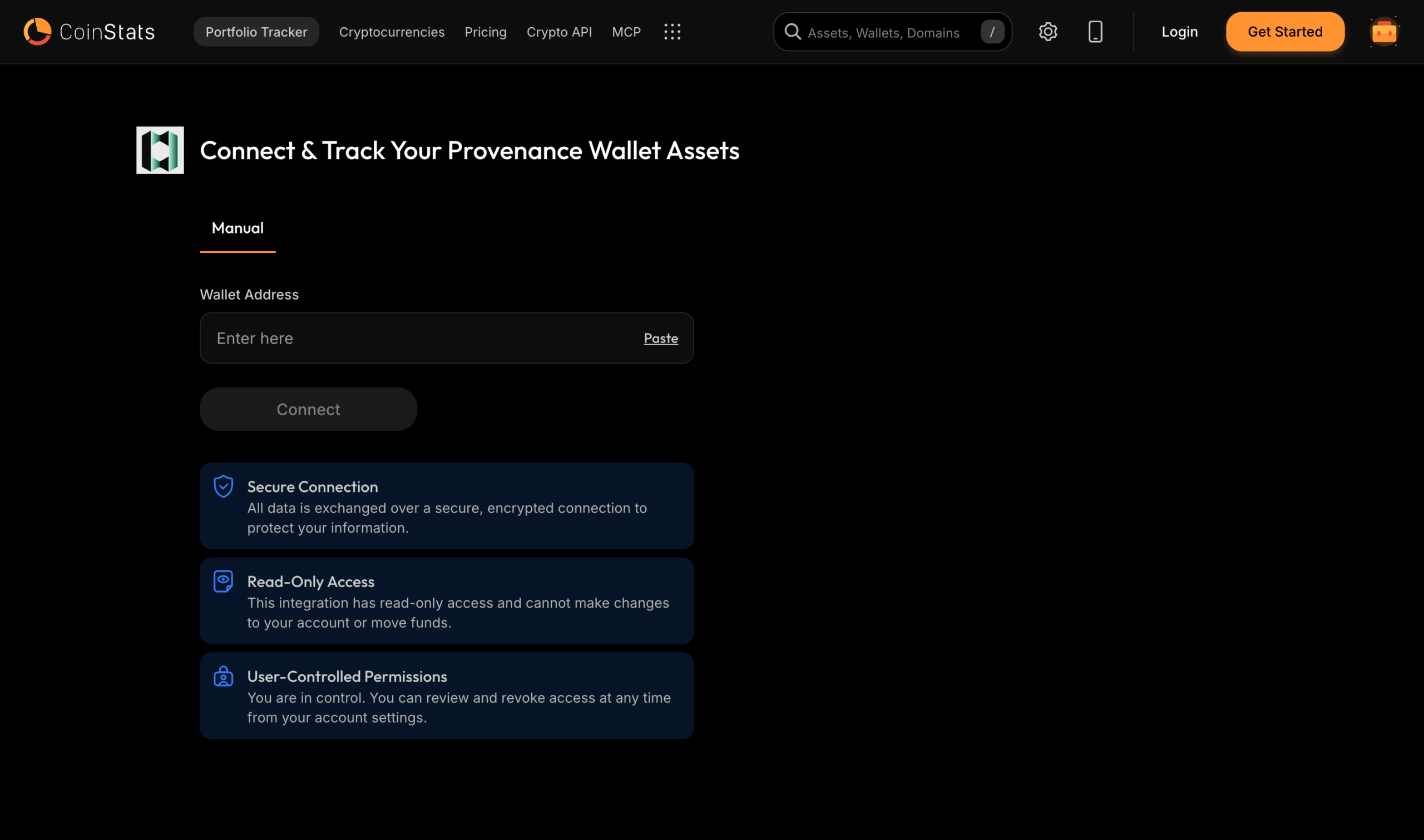 The Connect and Track Your Provenance Wallet Assets page on CoinStats with a Wallet Address field and a Connect button
