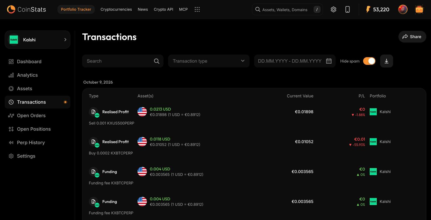The CoinStats transactions list for a Kalshi portfolio, showing perp fills sized in coin units such as Sell 0.001 KXUS500PERP, with funding fee rows beneath.