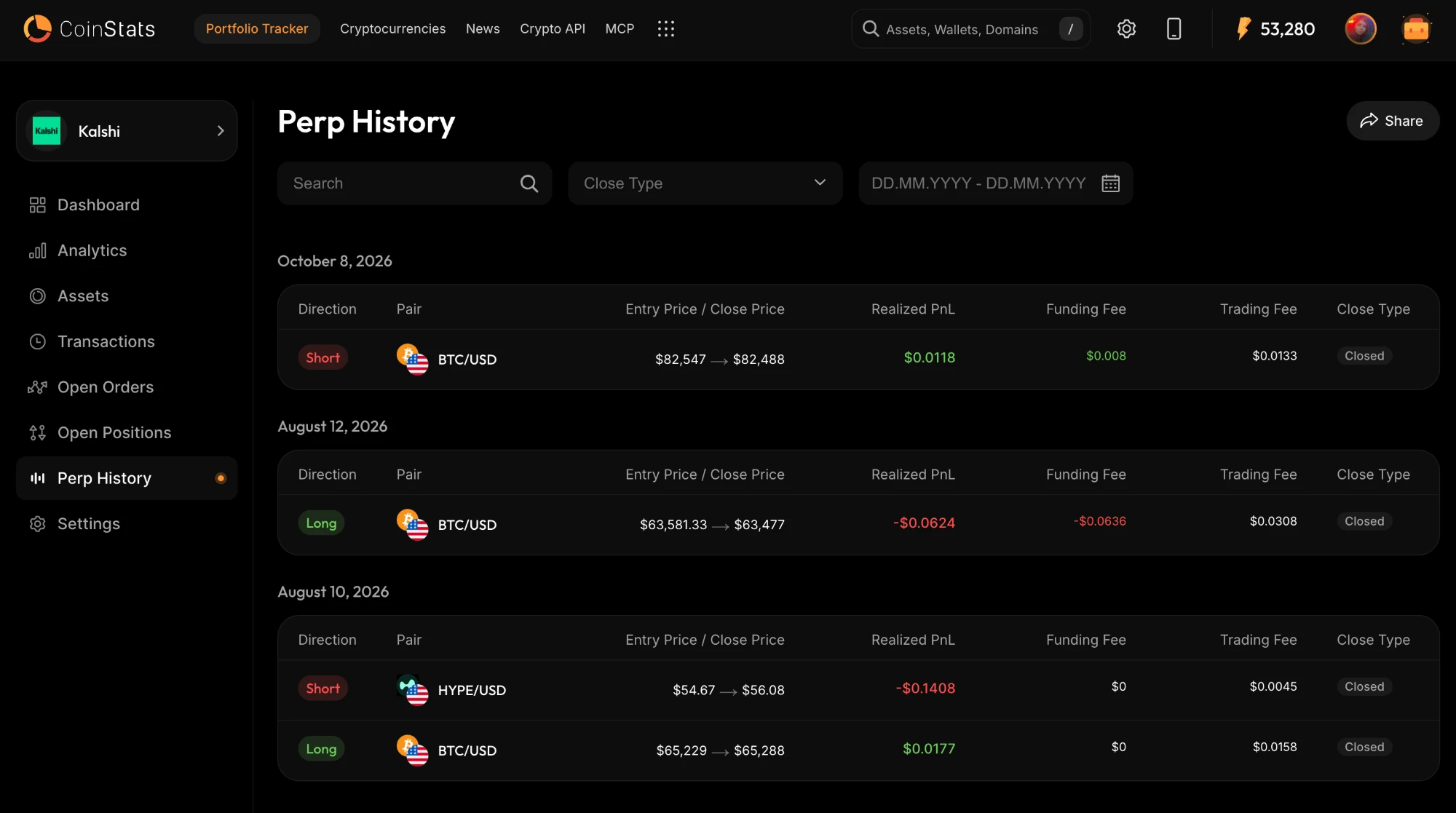 The CoinStats Perp History page for a Kalshi portfolio, listing closed BTC/USD and HYPE/USD perp trades in US dollars with direction, entry and close price, realised profit or loss, funding fee and trading fee.
