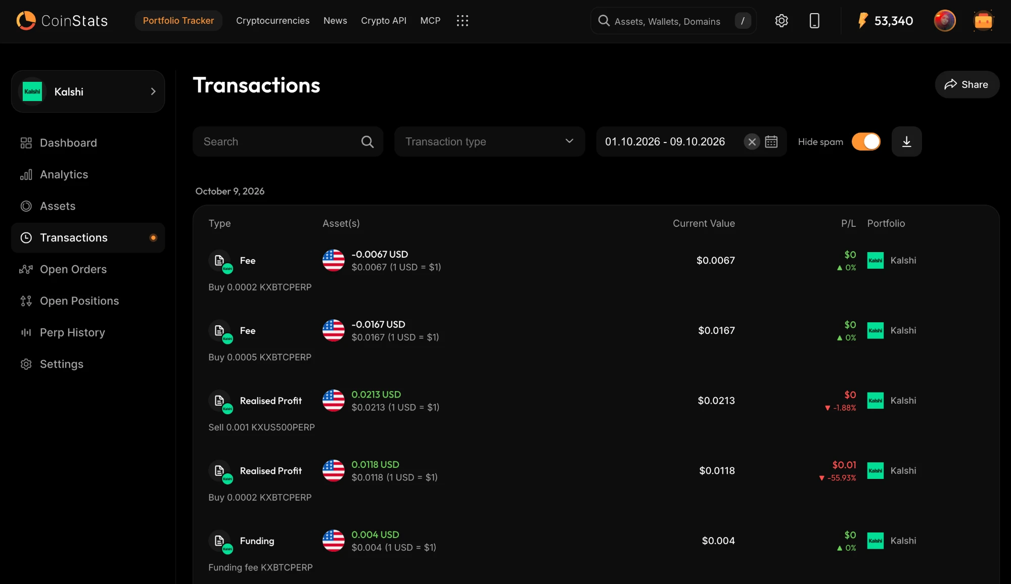 The CoinStats transactions list for a Kalshi portfolio in US dollars, showing perp fills sized in coin units such as Sell 0.001 KXUS500PERP and Buy 0.0002 KXBTCPERP, with a funding fee row beneath.