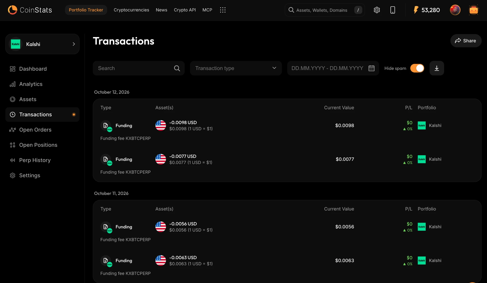 The CoinStats transactions list for a Kalshi portfolio, showing funding fee rows for the KXBTCPERP contract in US dollars.